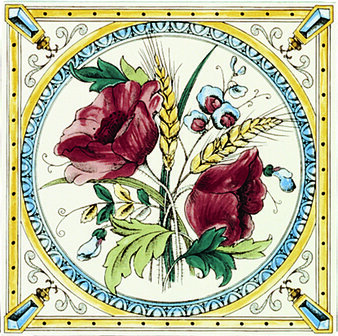 Poppy &amp; Wheatsheaf Single tile on Country White, 152 x 152 x 7